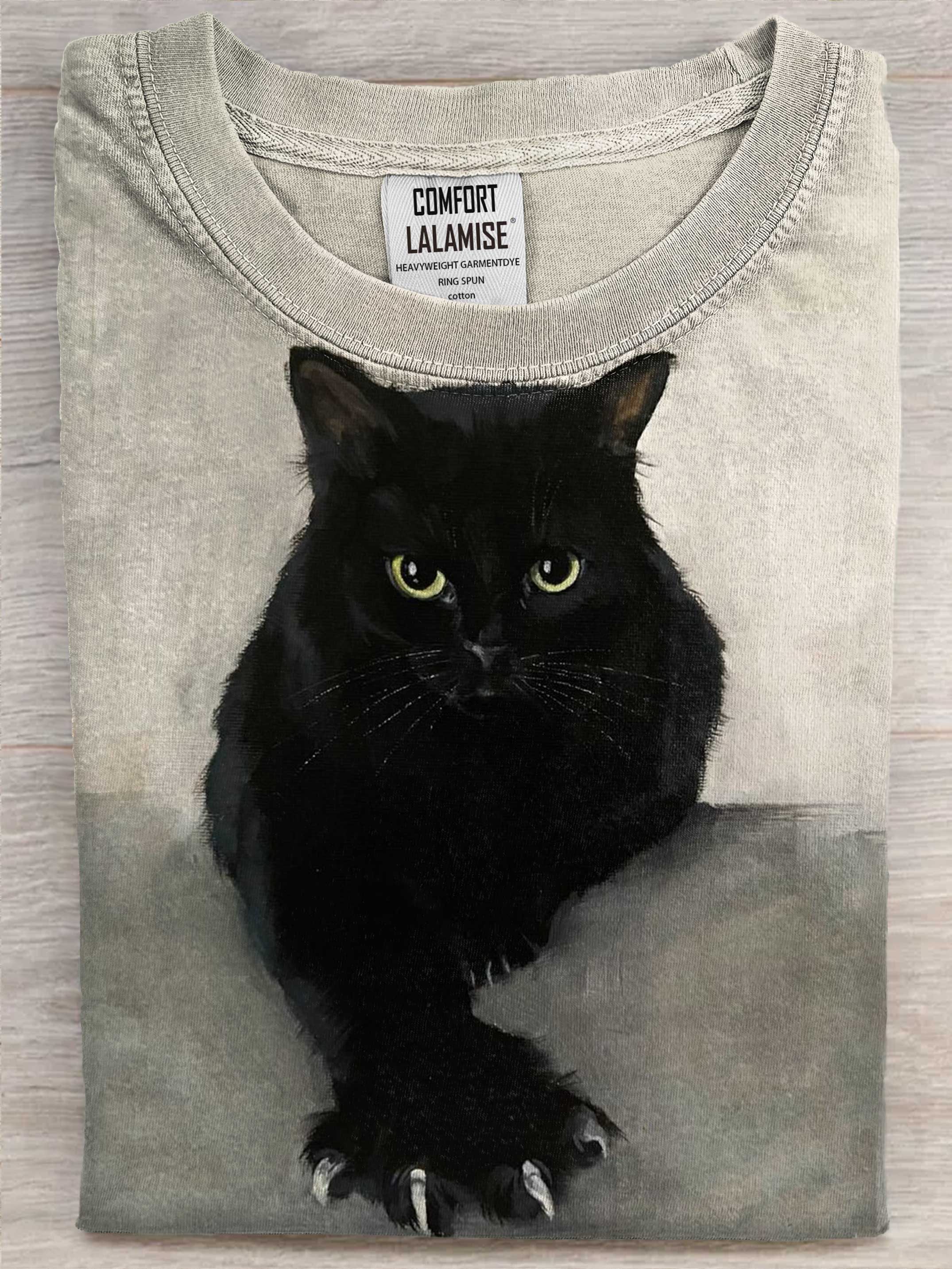Black Cat Art Print Causal Cotton Short Sleeve T-shirt