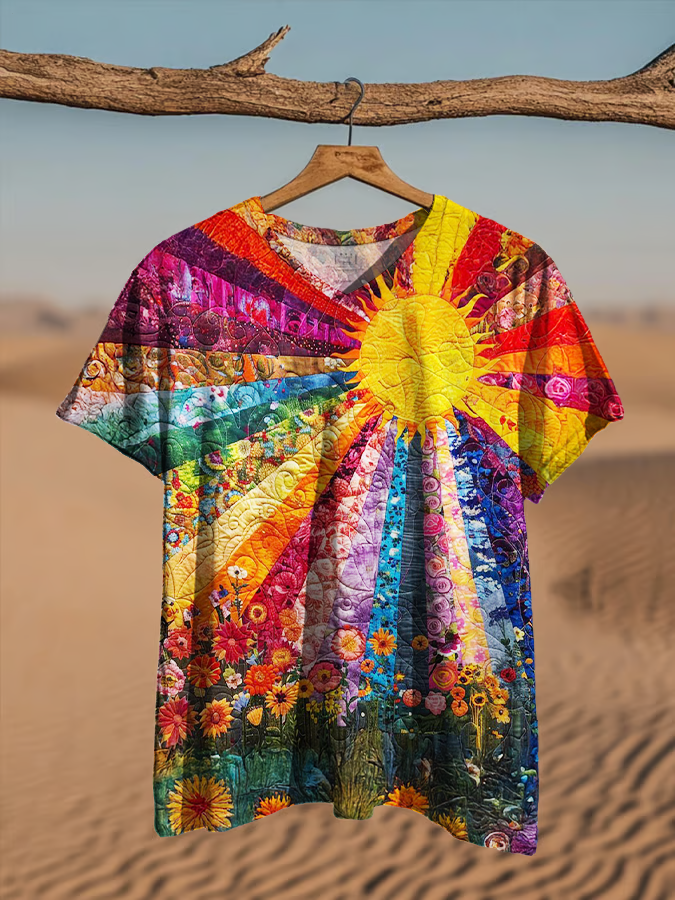 Vintage Floral Texture Sunflower Art V-neck T-Shirt