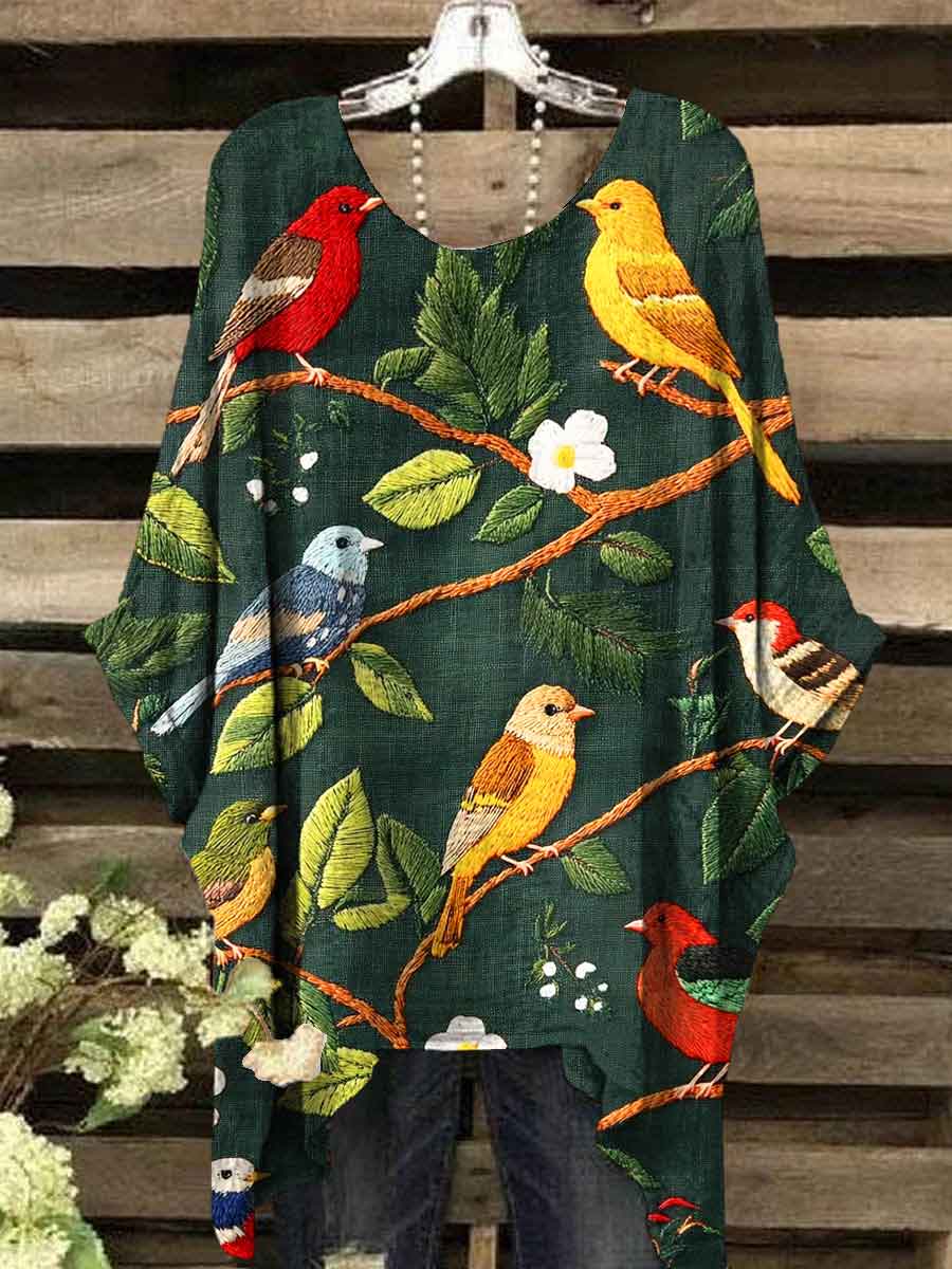 Women's Bird Vintage Art Print Casual Top