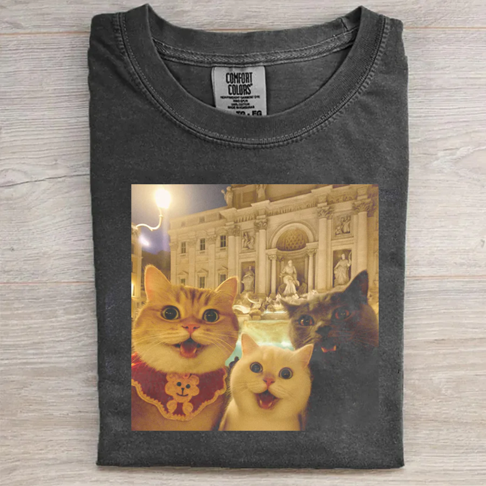 Cat Taking Selfie with Trevi Fountain Funny T-Shirt