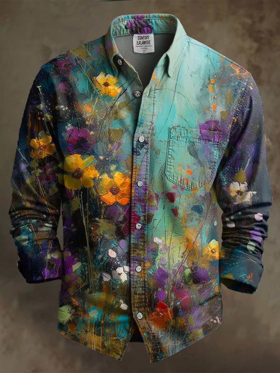 Vintage Multicolor Flower Art Print 100% Cotton Long Sleeve Shirt