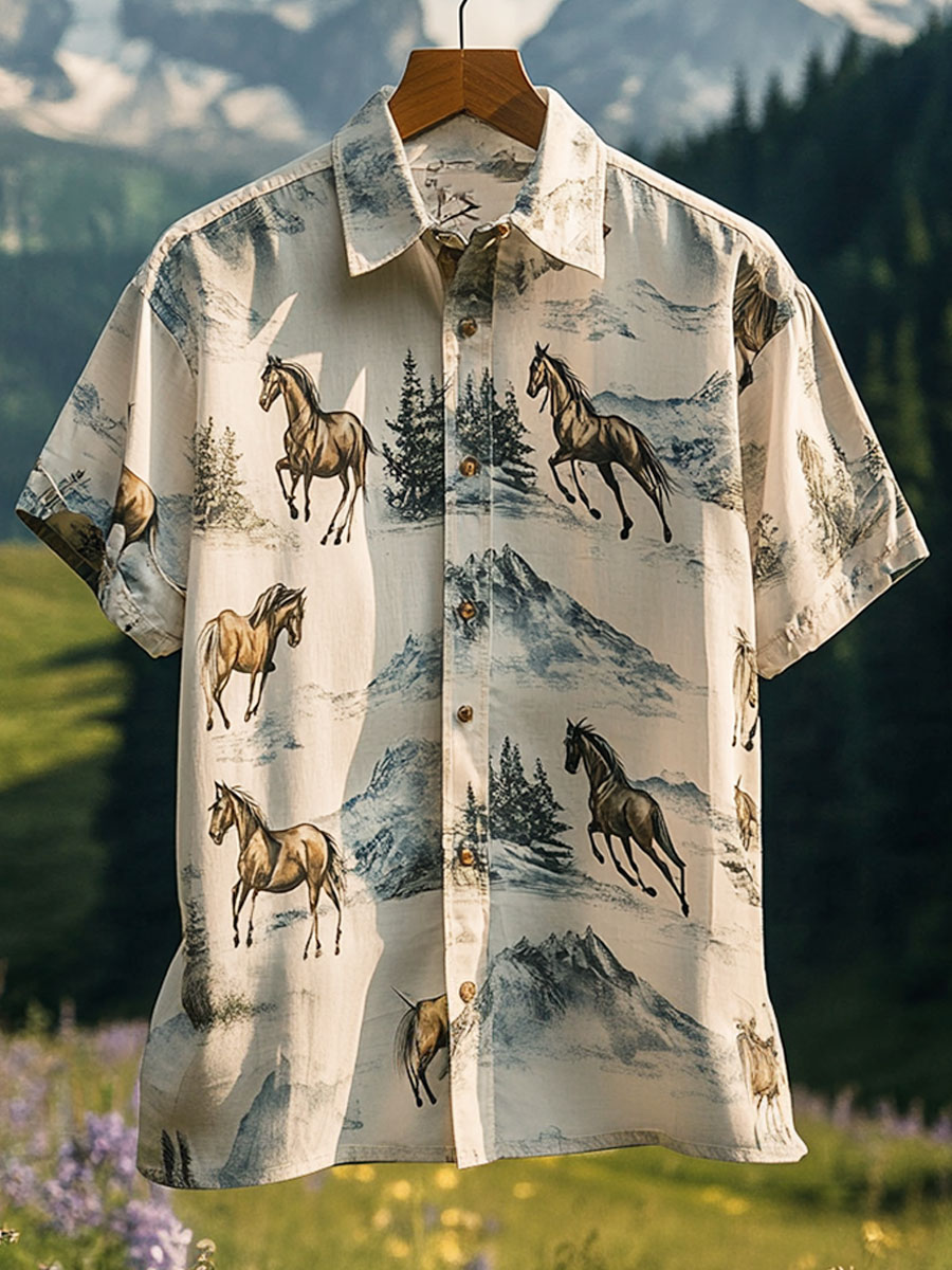 Vintage Horse Print Casual 100% Cotton Shirt