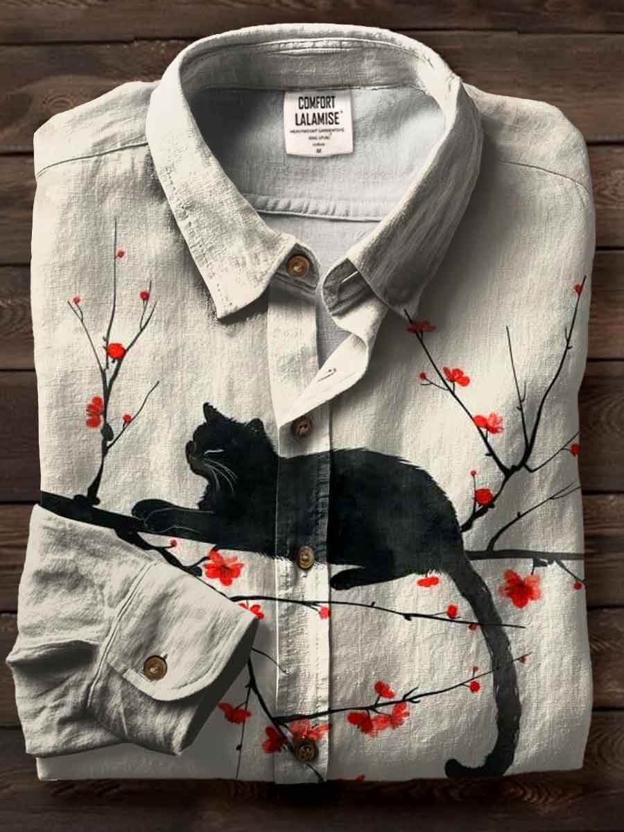 Vintage Watercolor Fancy Cat Art Print Casual Cotton Shirt