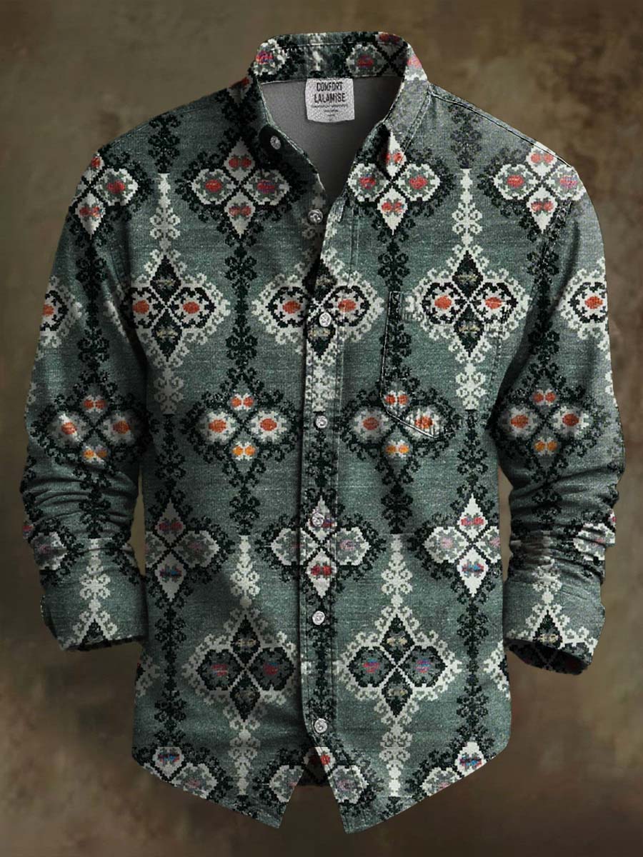 Vintage Ethnic Pattern Print 100% Cotton Long Sleeve Shirt