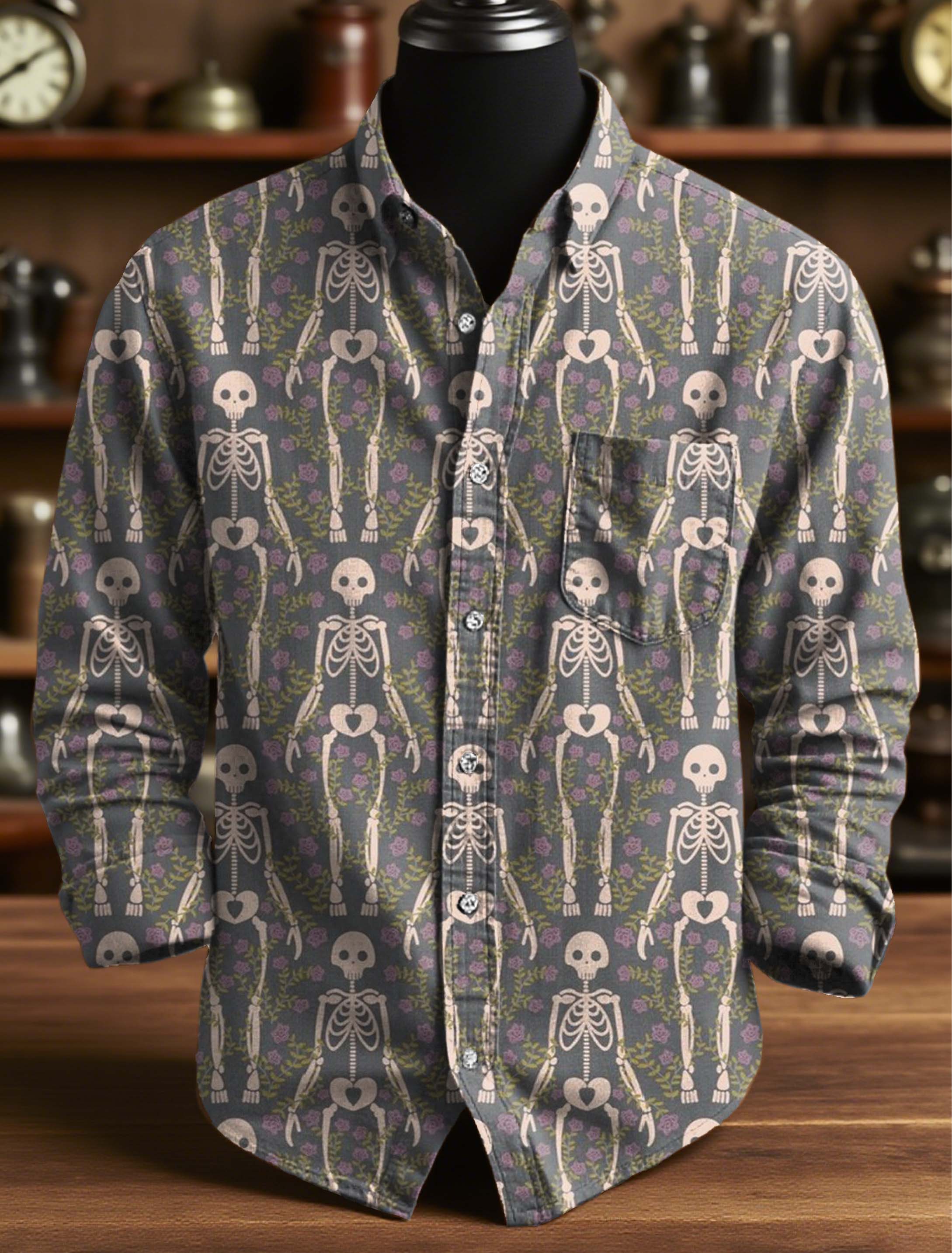 Forest Skeleton Print 100% Cotton Long Sleeve Shirt