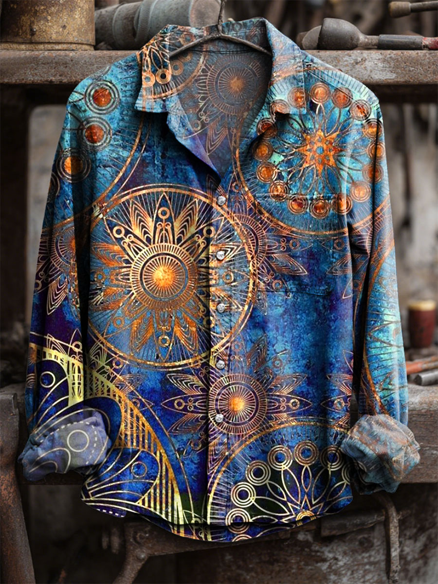 Vintage Blue Mandala Print 100% Cotton Long Sleeve Shirt