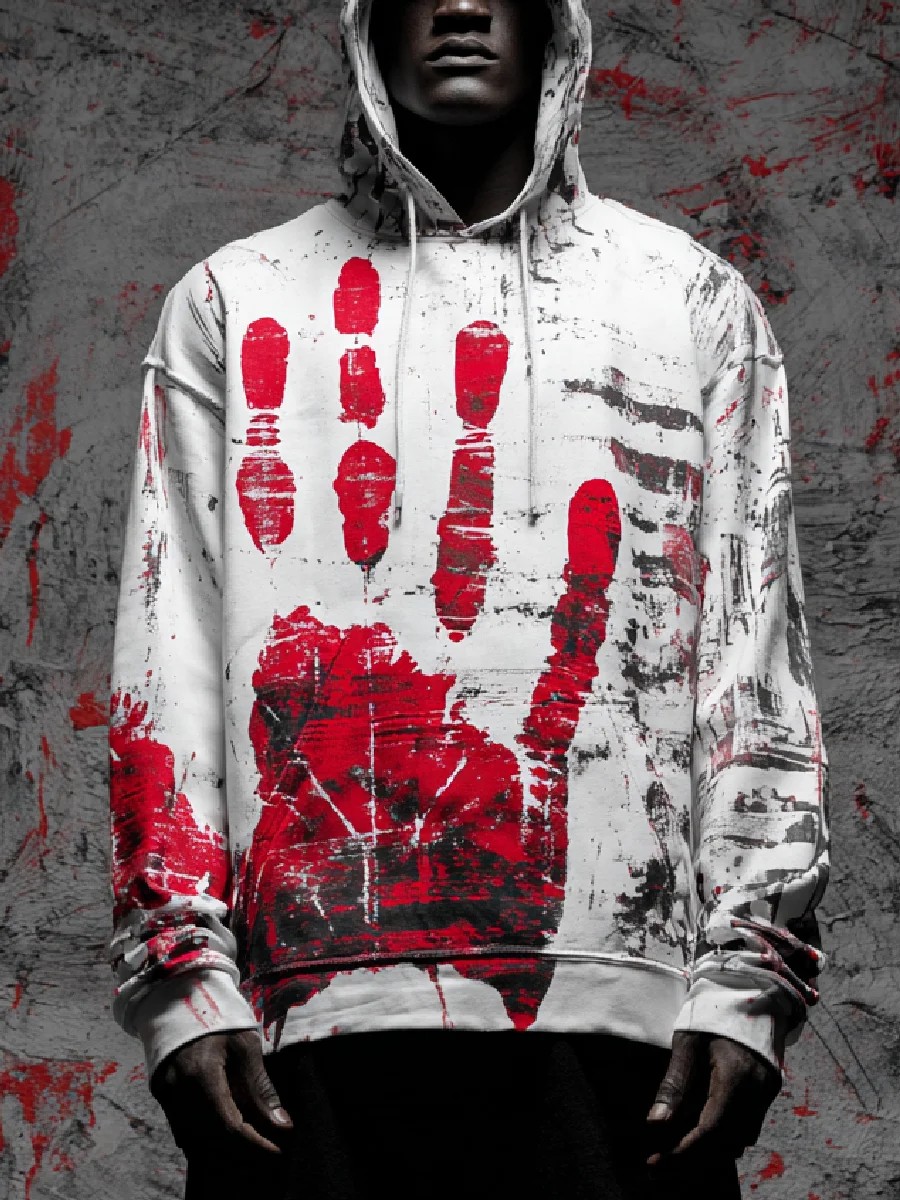 Men's Bloody Palm Print Art Casual Hoodie Sweatshirt
