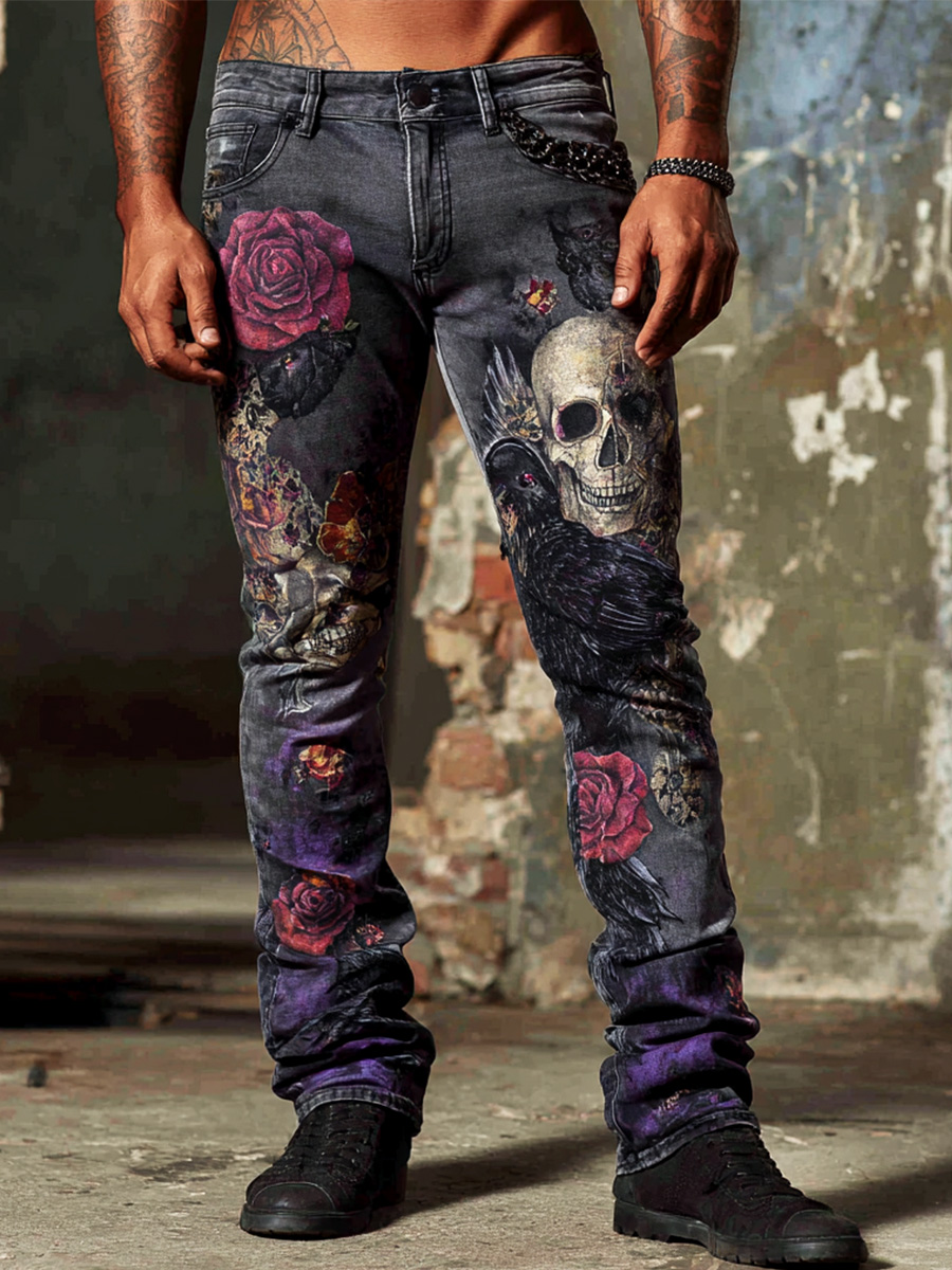 Vintage Halloween Skull Rose Crow Dark Art Print Casual Jeans