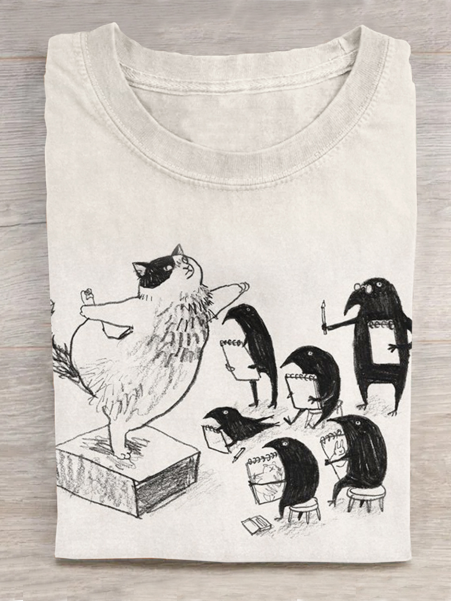 Funny Cat Art Print Printed T-shirt