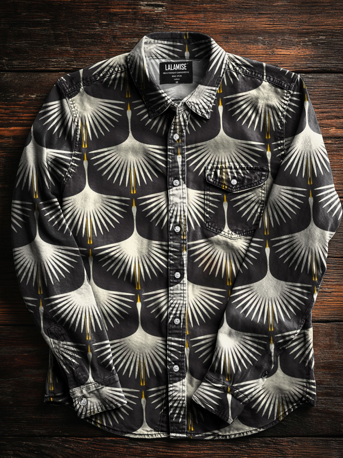 Wans Cream on Black Abstrct Art Print 100% Cotton Long Sleeve Shirt