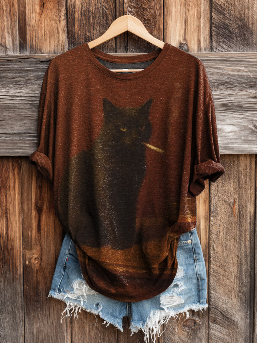 Cat Art Print Long-sleeved Casual T-shirt