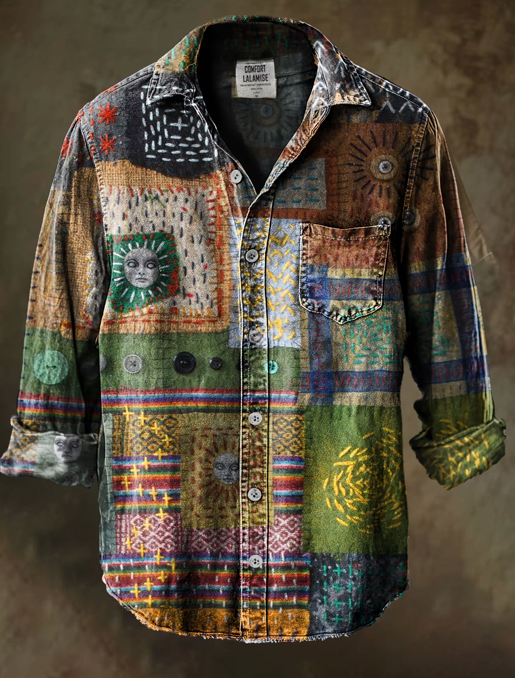 Vintage Embroidery patch Art Print 100% Cotton Long Sleeve Shirt