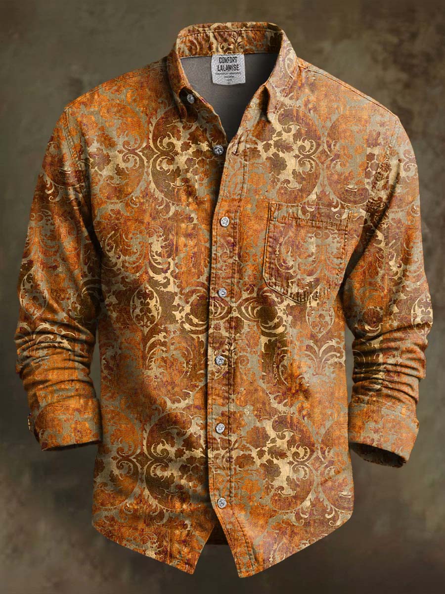 Vintage Orange Gradient Pattern Print 100% Cotton Long Sleeve Shirt