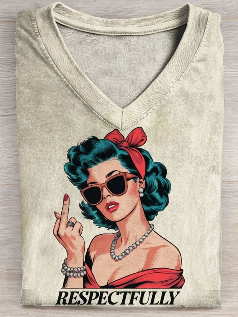 Respectfully Print V-neck Casual T-Shirt