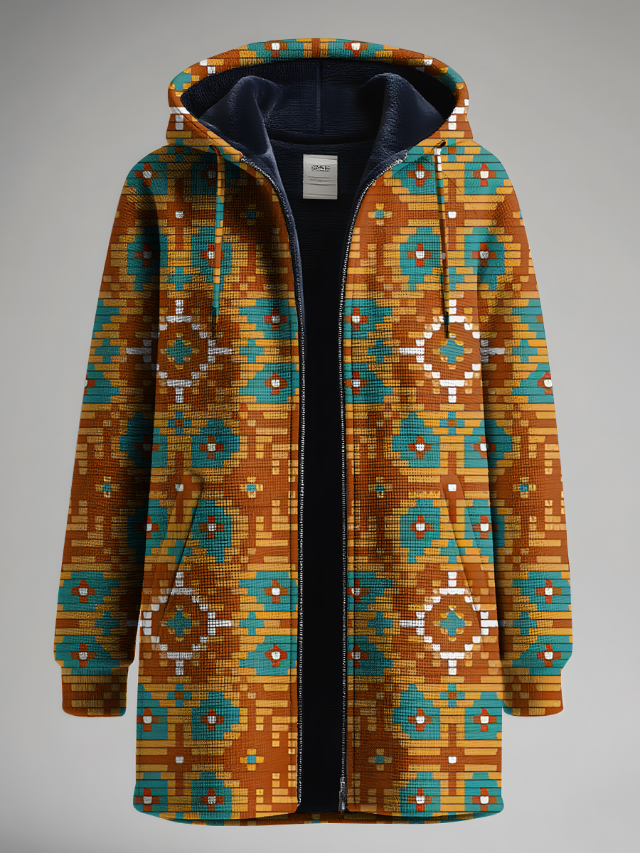 Vintage Ethnic Patterns Art Print Unisex Plush Thick Long-Sleeved Sweater Cardigan Coat