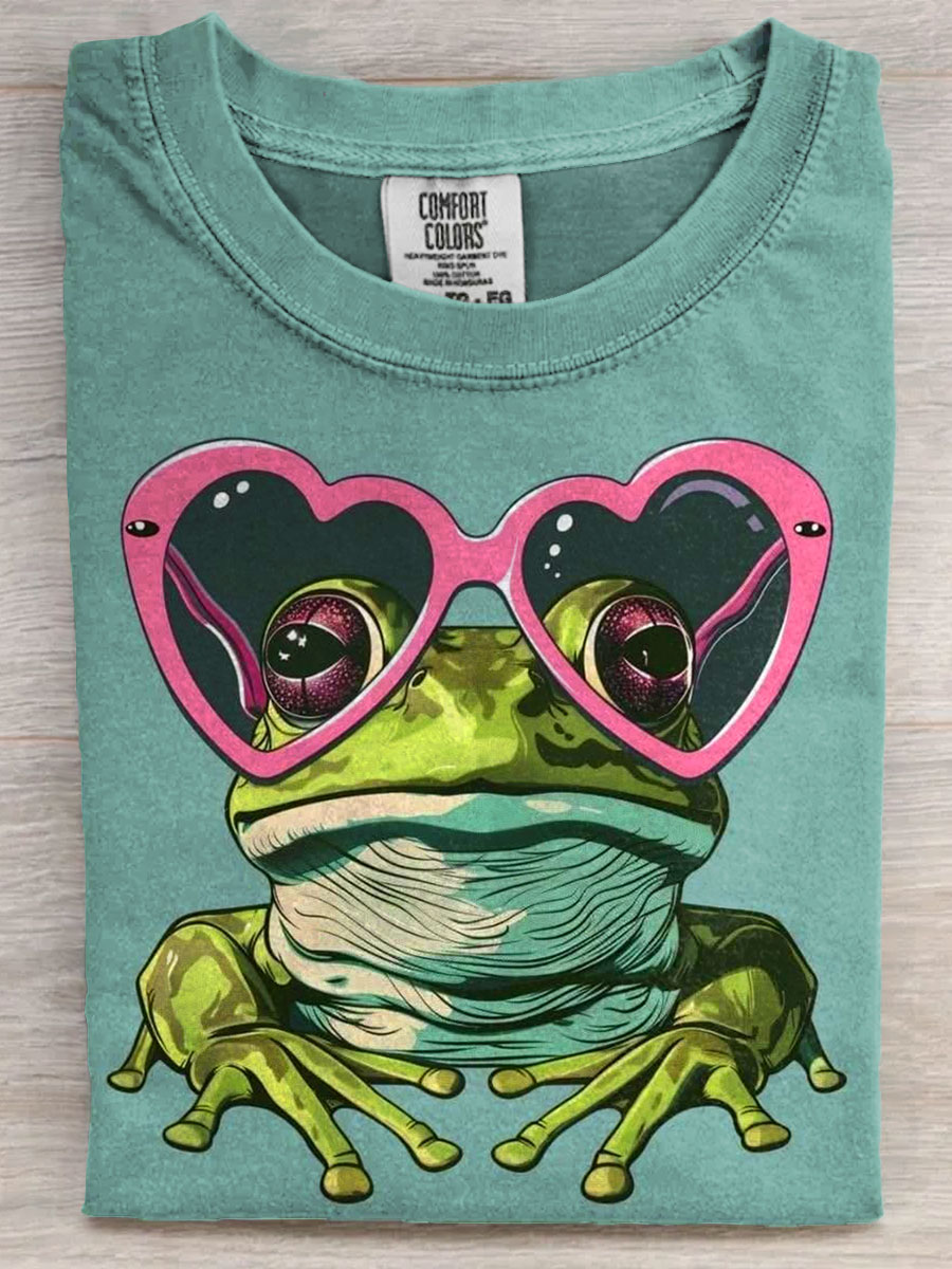 Cute Frog With Heart Glasses Art Casaul Short Sleeve T-shirt