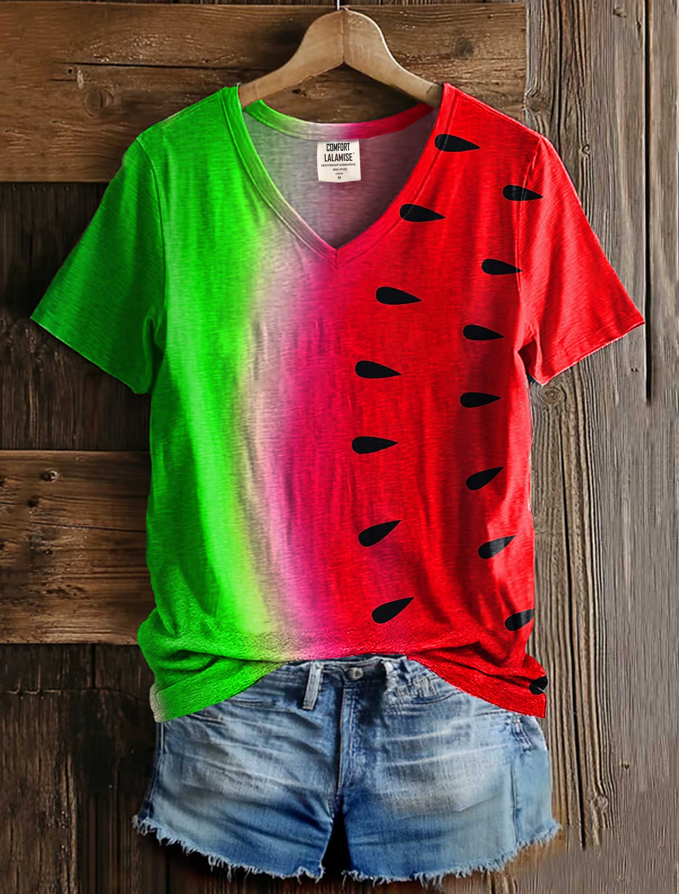 Cool Summer Watermelon Art Print V-neck Casual T-Shirt