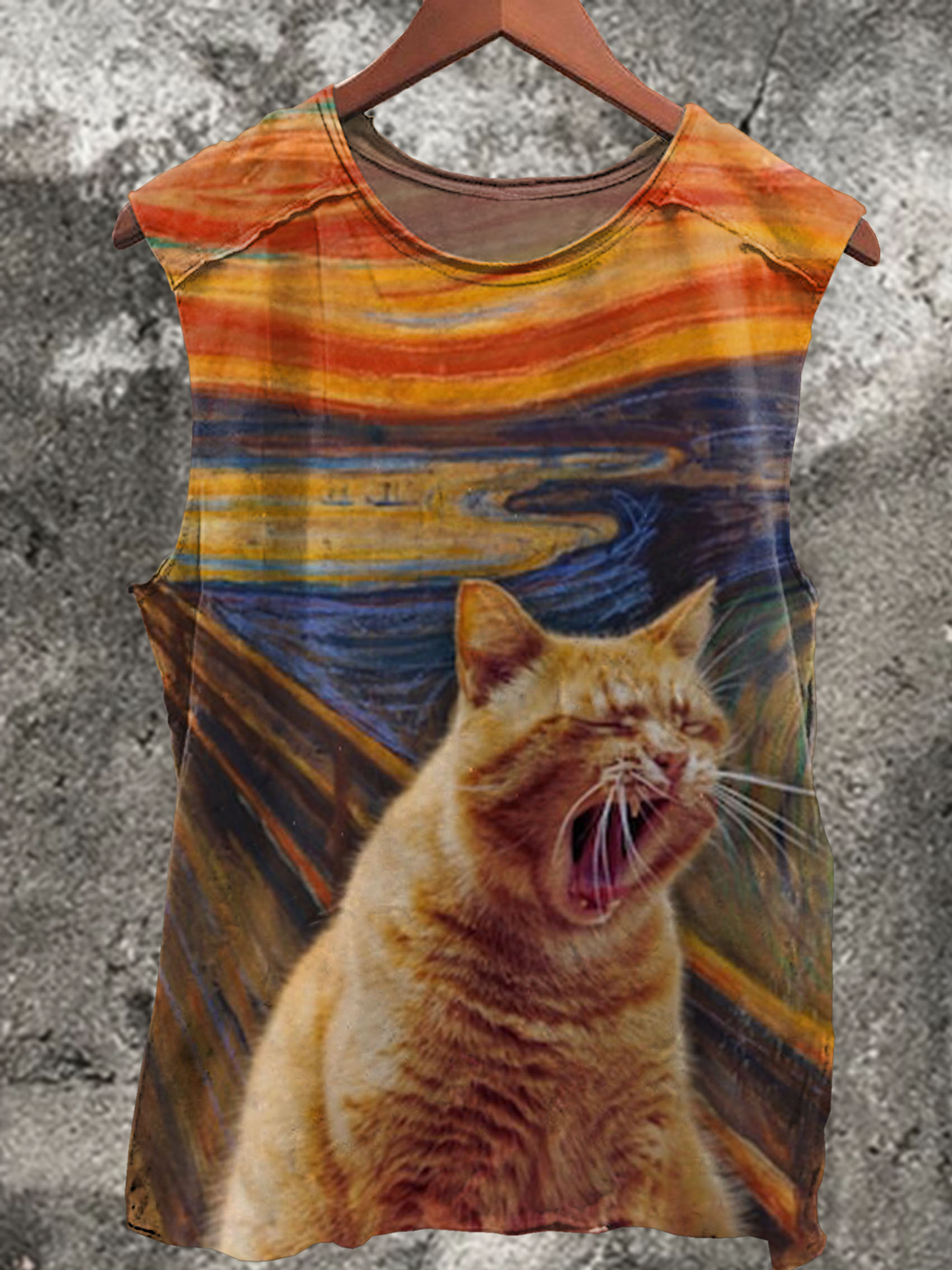 Oil Painting Sleepy Cat Print 100% Cotton Casual Tank Top