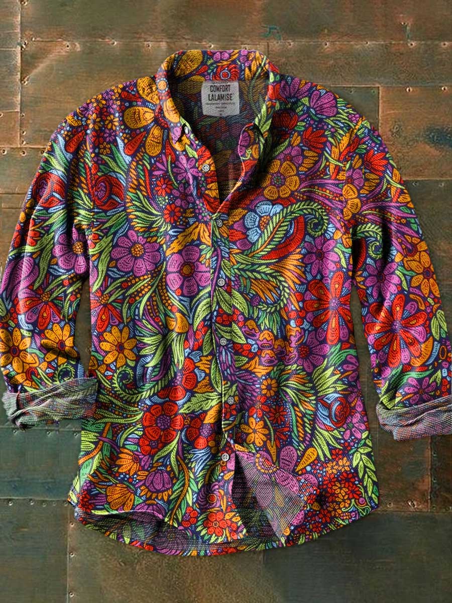 Vintage Flower Art Print 100% Cotton Long Sleeve Shirt