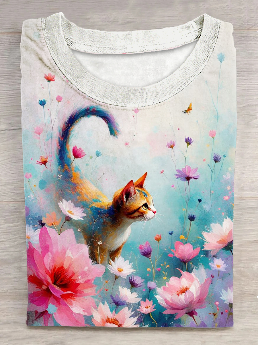 Cat Printed Vintage Fashion Loose Short Sleeve T-Shirt