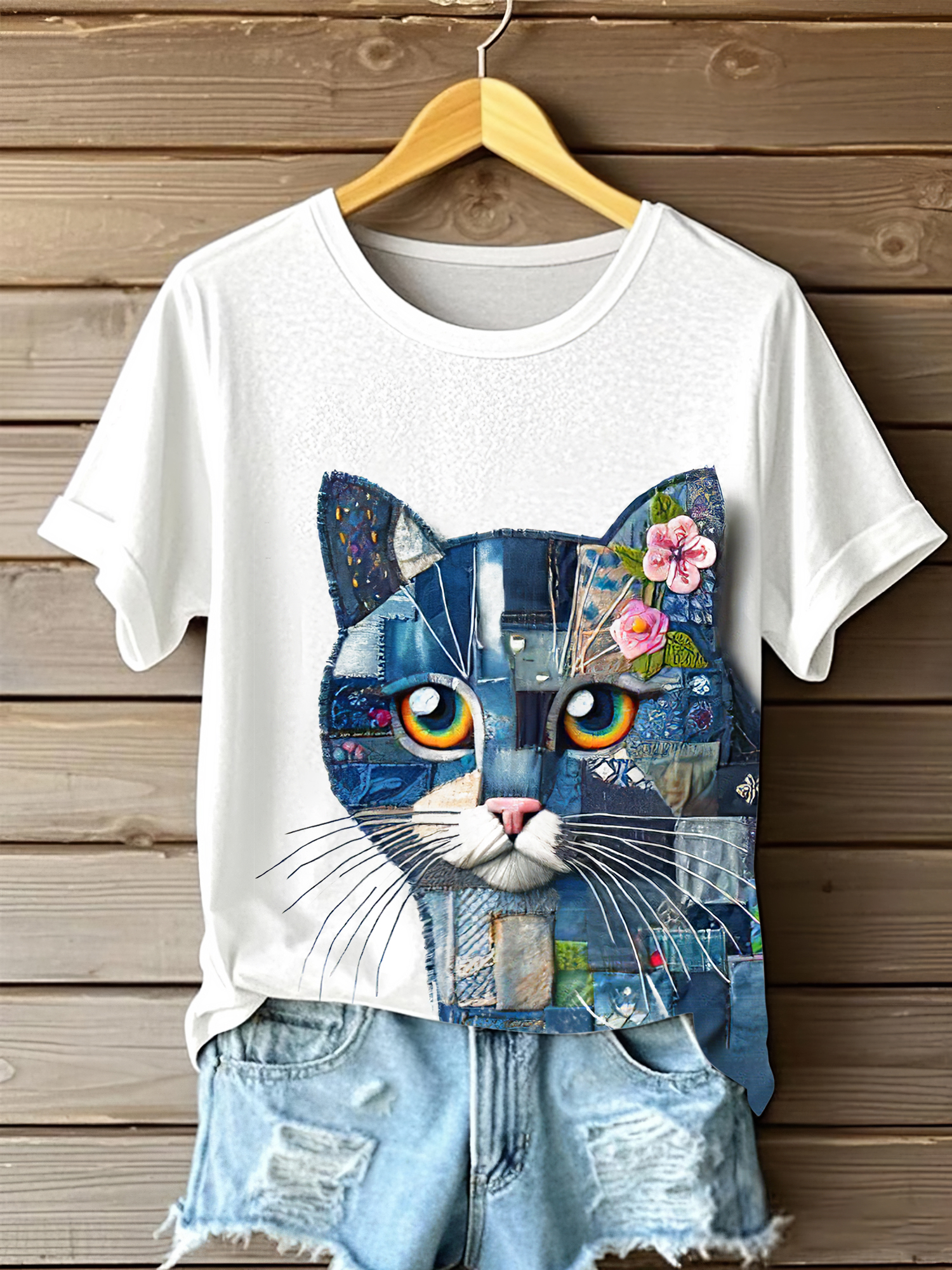 Women's Denim Cat Portrait Art Print Short Sleeve Casual T-shirt