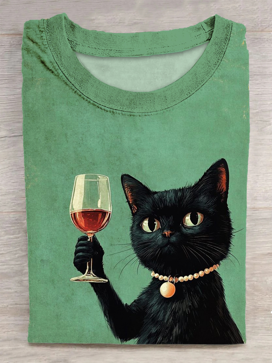 Cat Printed Vintage Fashion Loose Short Sleeve T-Shirt