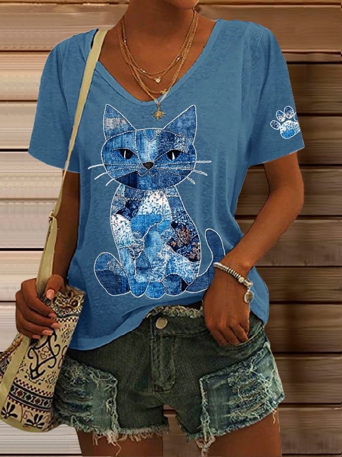 Women's Retro Animal Cat Print V-Neck T-Shirt