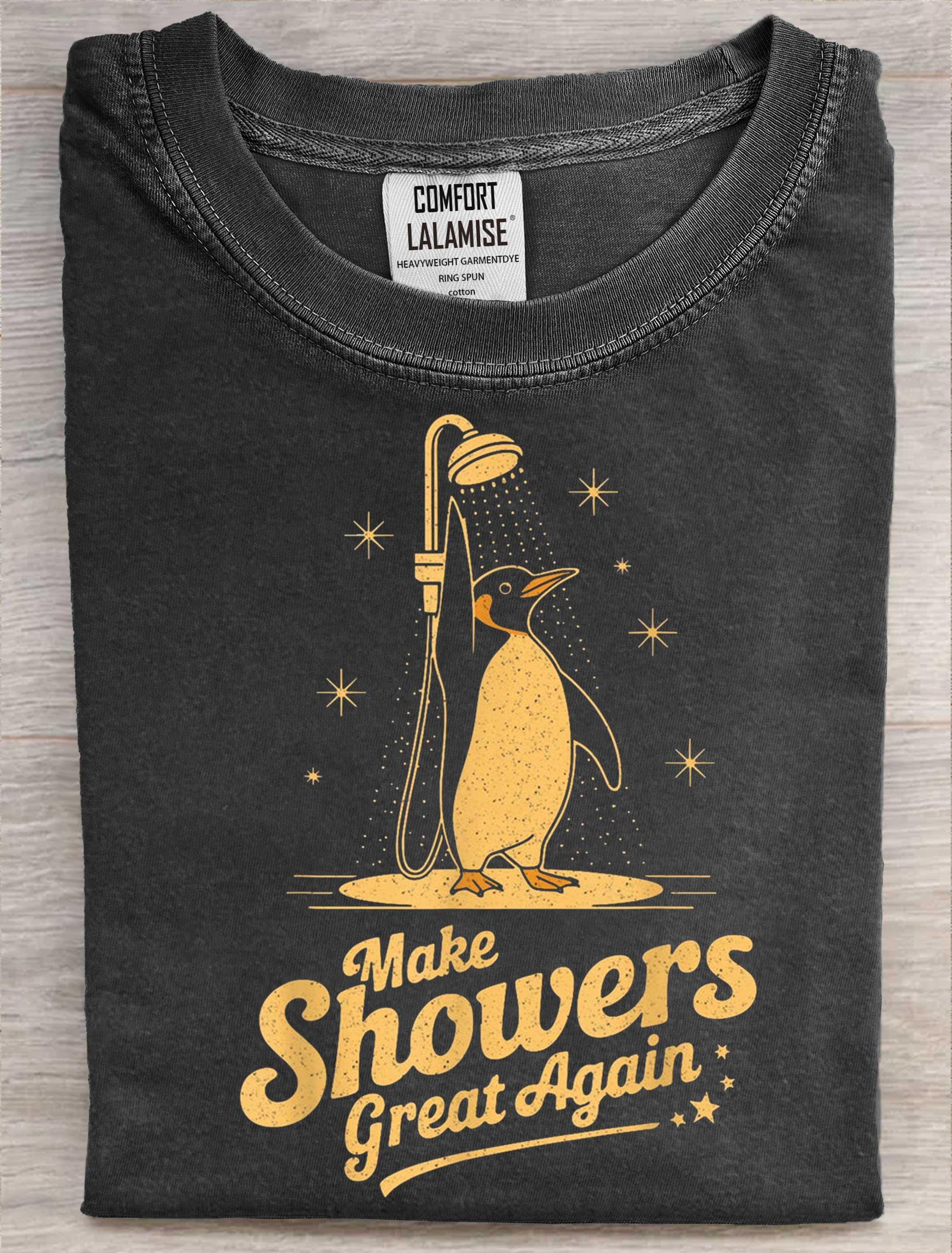 Make Showers Great Again Funny Penguin Art Print Casaul Short SleeveT-shirt