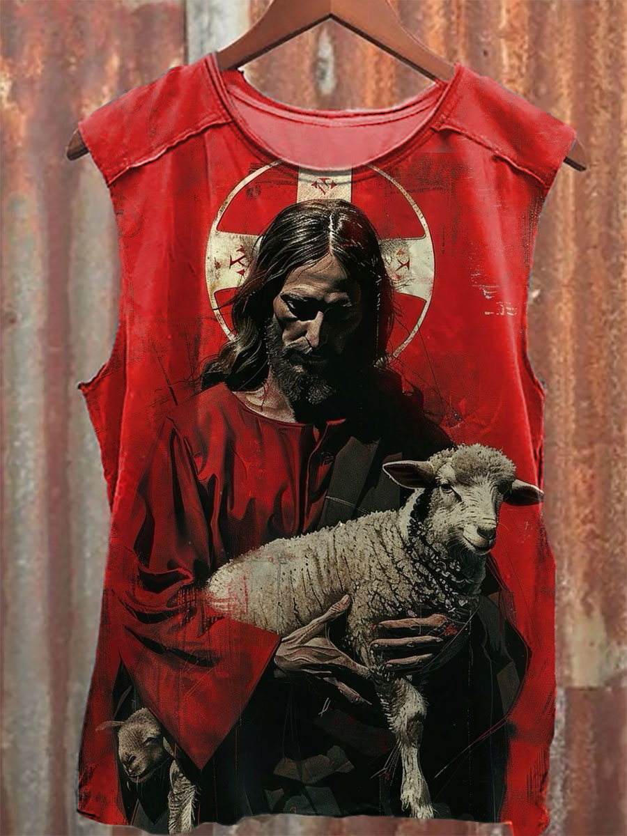 Vintage Jesus Print 100% Cotton Casual Tank Top