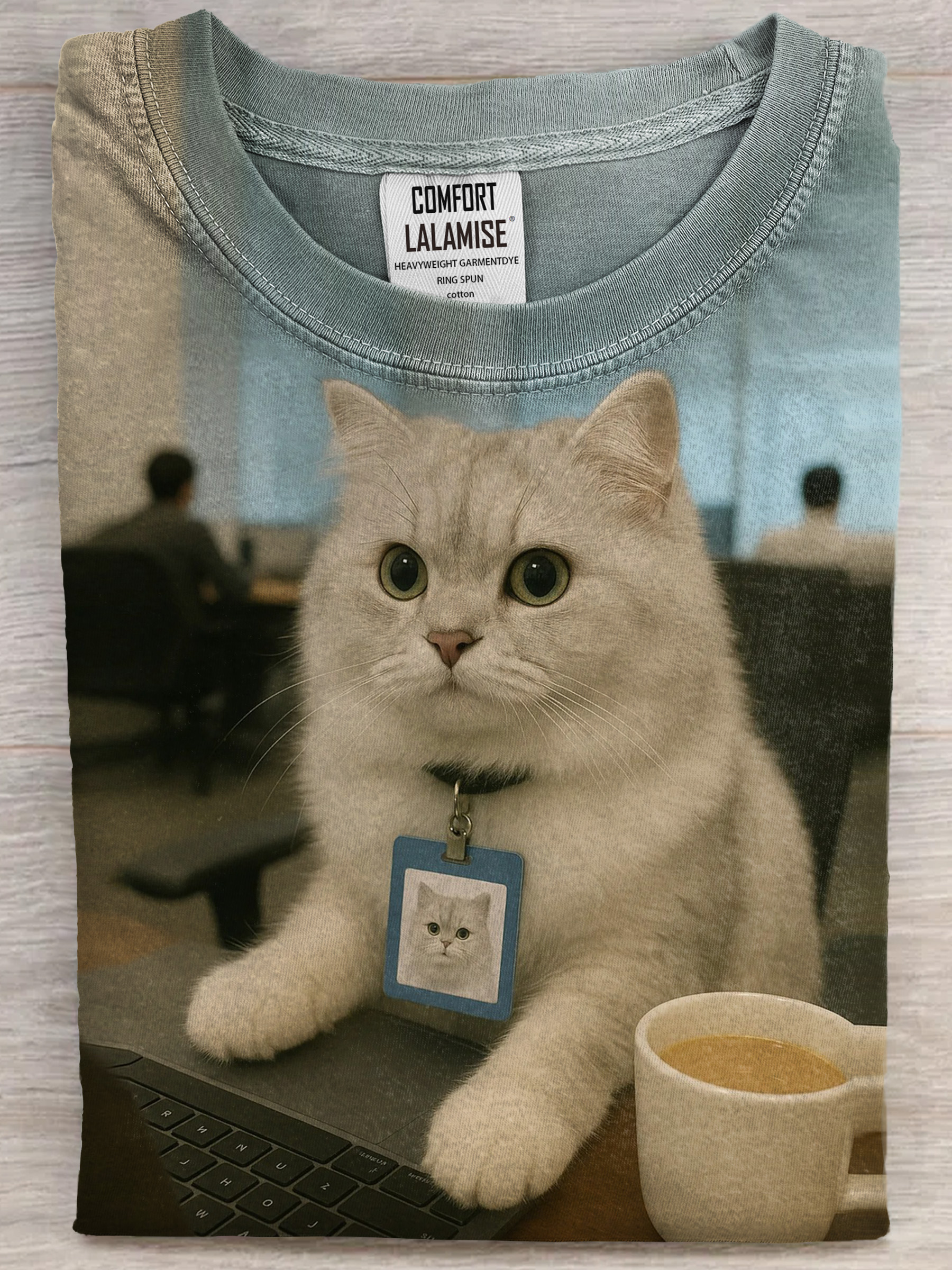 Funny At work cute cat Art Print Cotton Casual Short Sleeve T-shirt