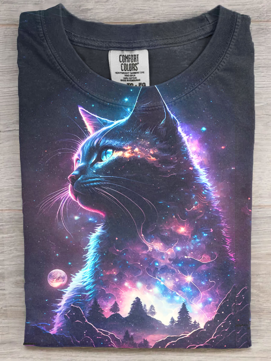 Cat Galaxy Art Print Casaul Short Sleeve T-shirt