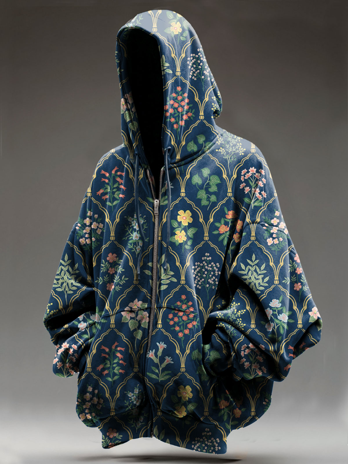 Vintage Flower Art Print Casual Zip Hoodie Sweatshirt