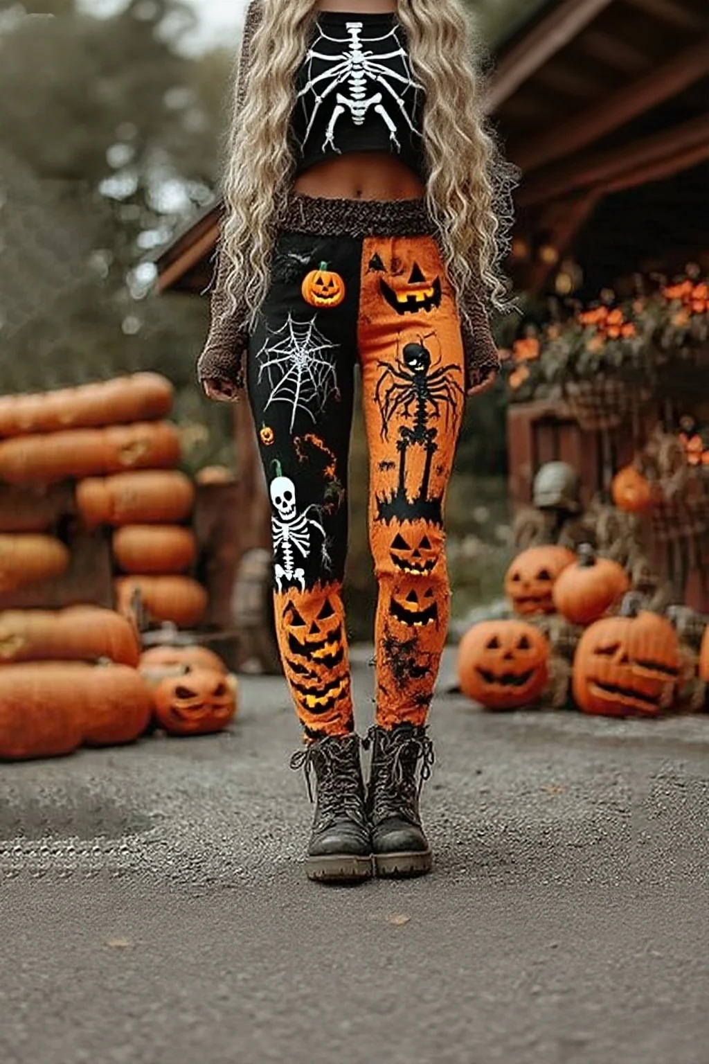 Halloween Patchwork Art Print Casual  Leggings