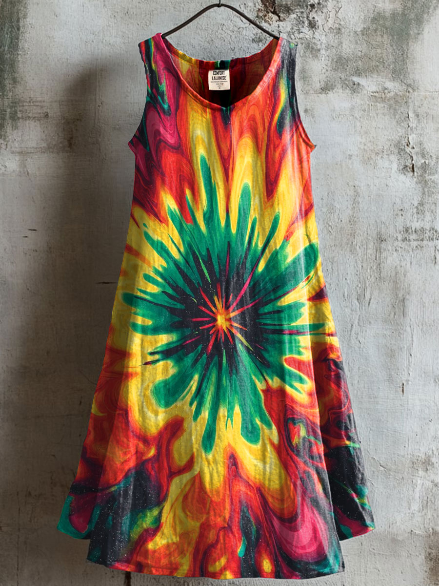 Women's Vintage Tie Dry Art Print V-neck Pocket Cotton Dress