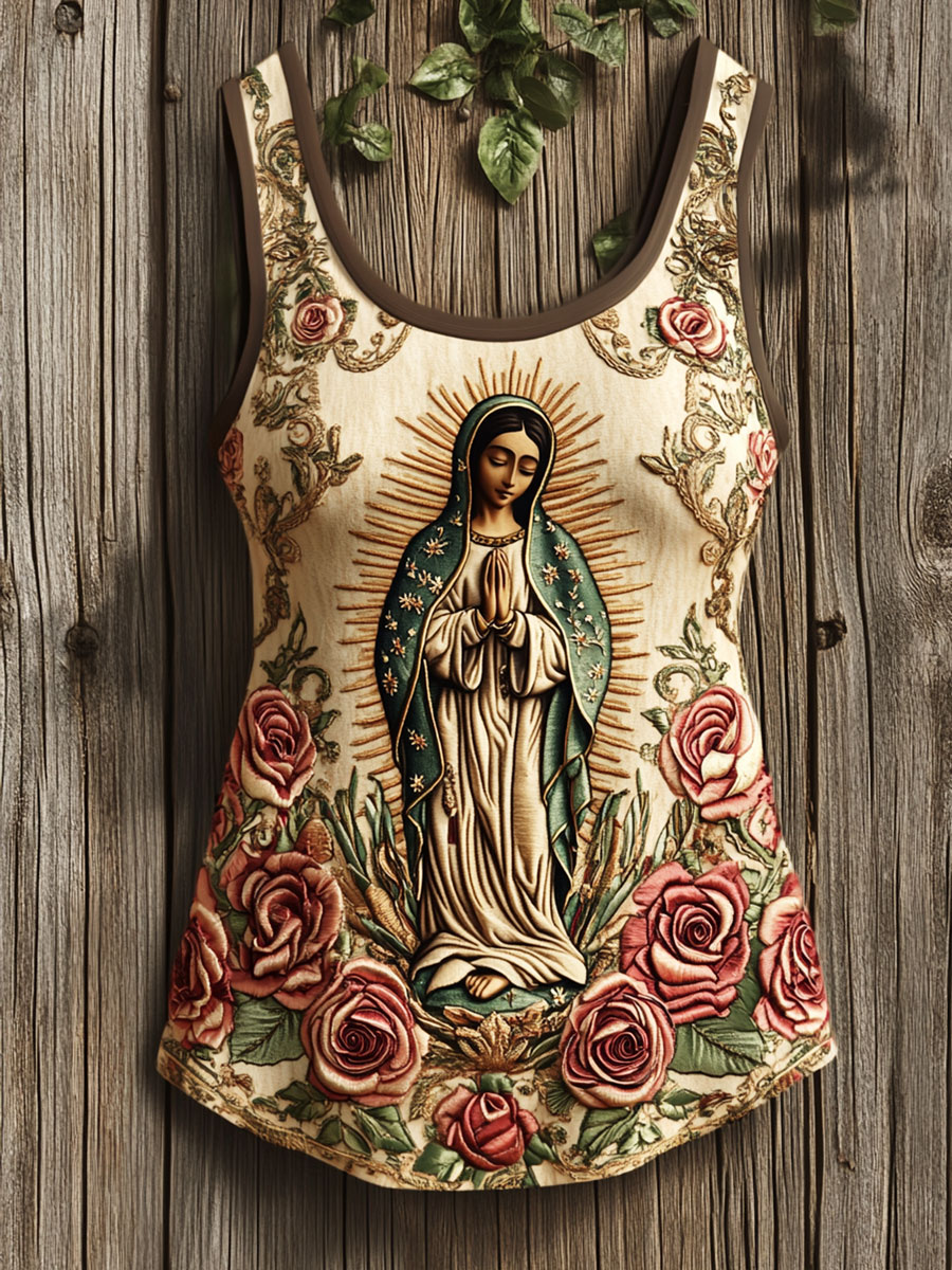Vintage Floral Virgin Mary Print Tank Top