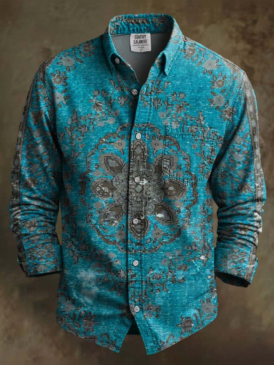 Vintage Light Blue Mandala Pattern Print 100% Cotton Long Sleeve Shirt