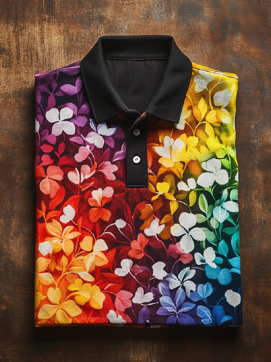 Rainbow Floral Art Print Casual Short Sleeve Polo Shirt