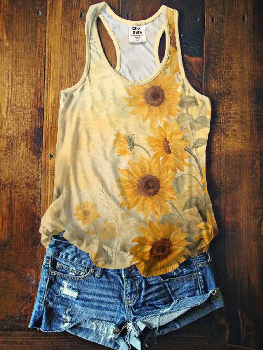 Vintage Sunflower Art Print Casaul Tank Top