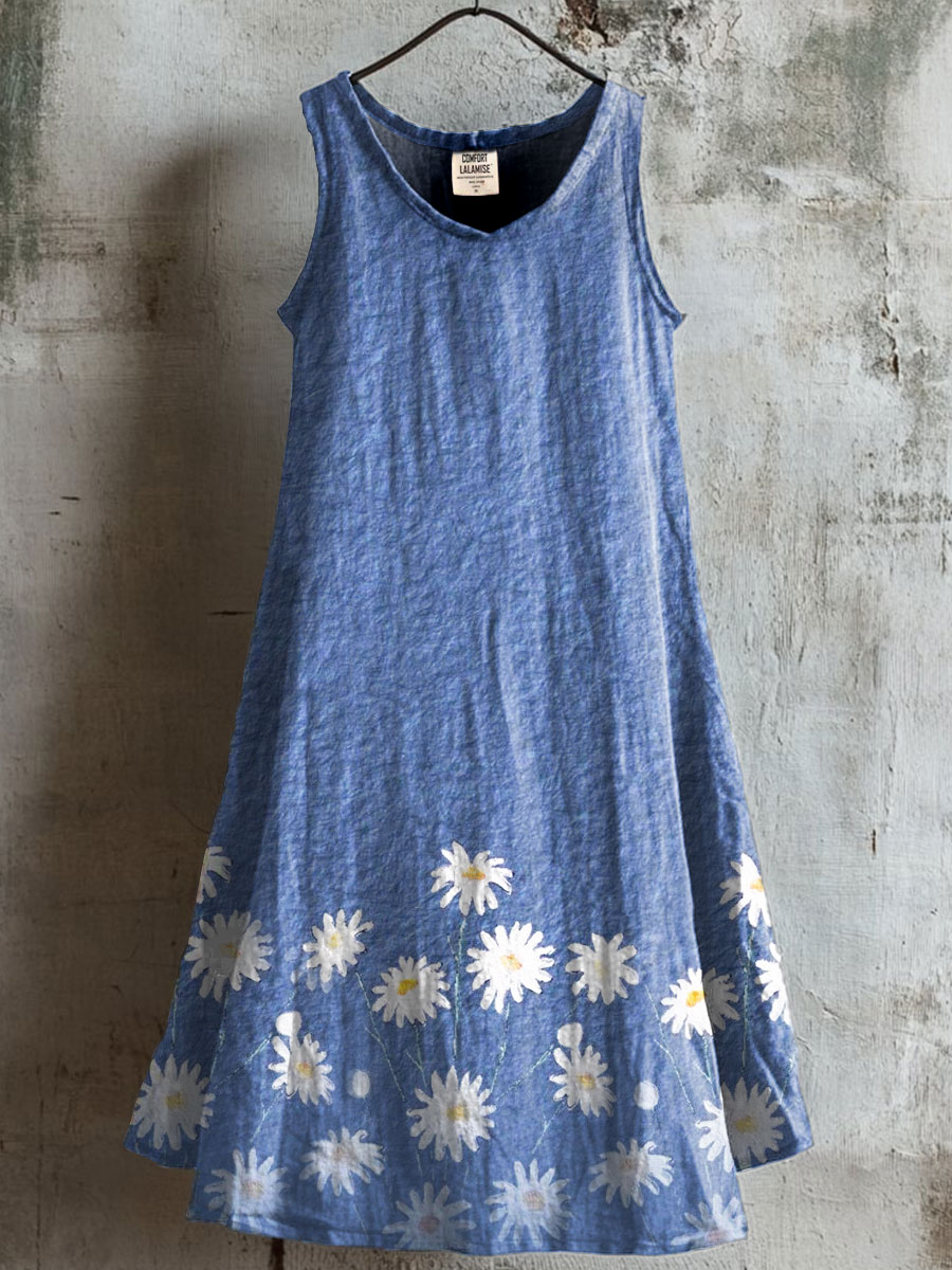 Women's Cute Daisy Art Print V-neck Pocket Cotton Dress
