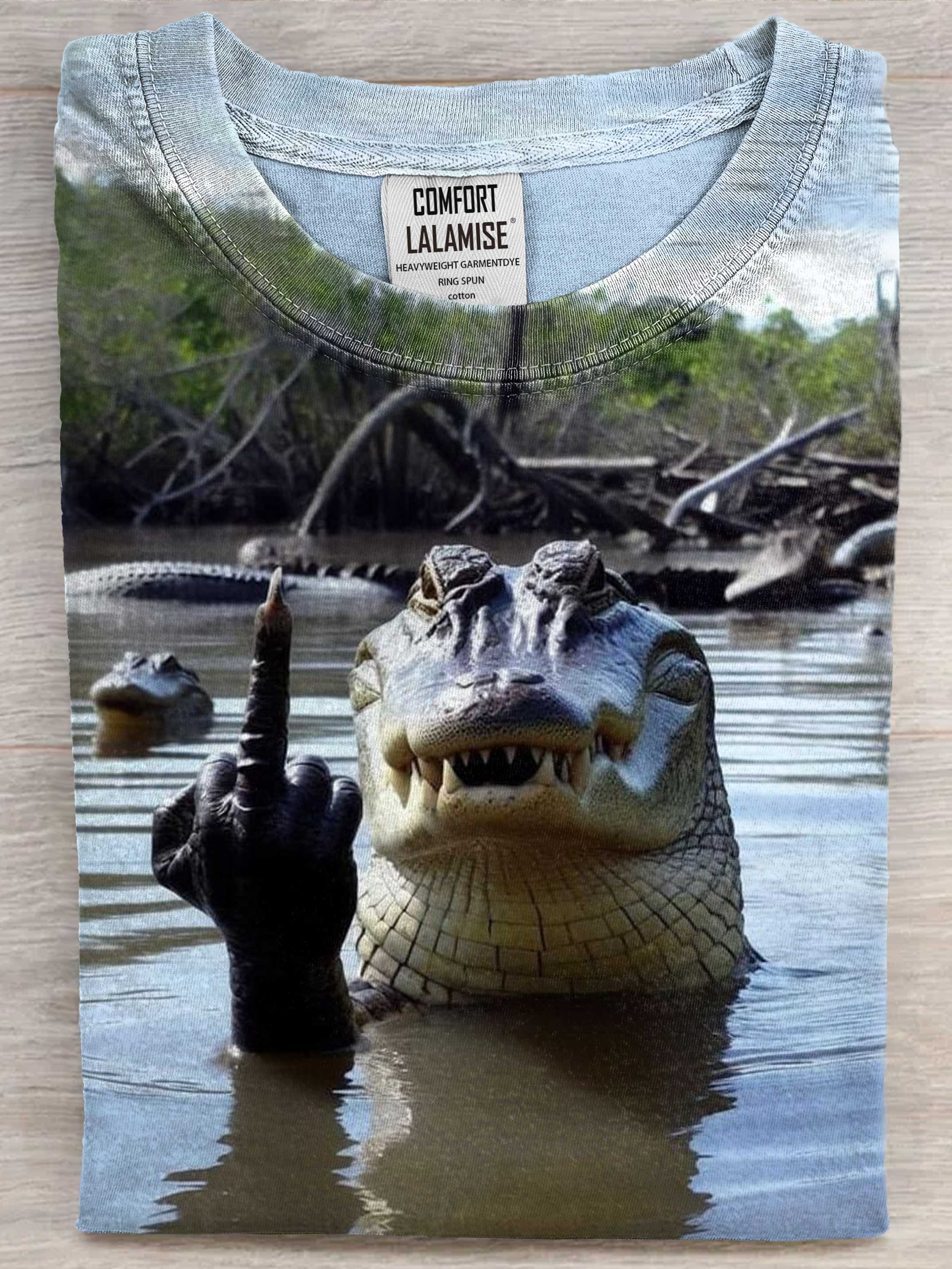 Funny Crocodile Middle finger Art Print Casual Short Sleeve T-shirt