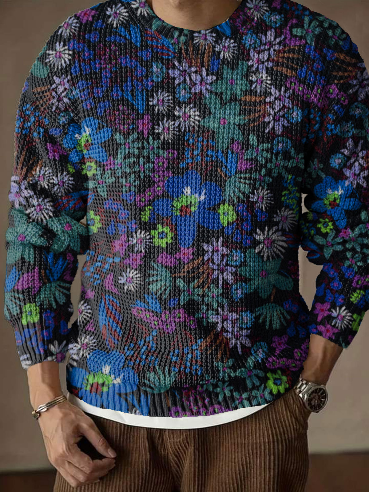 Twilight Grove Floral Art Print Knit Pullover Sweater