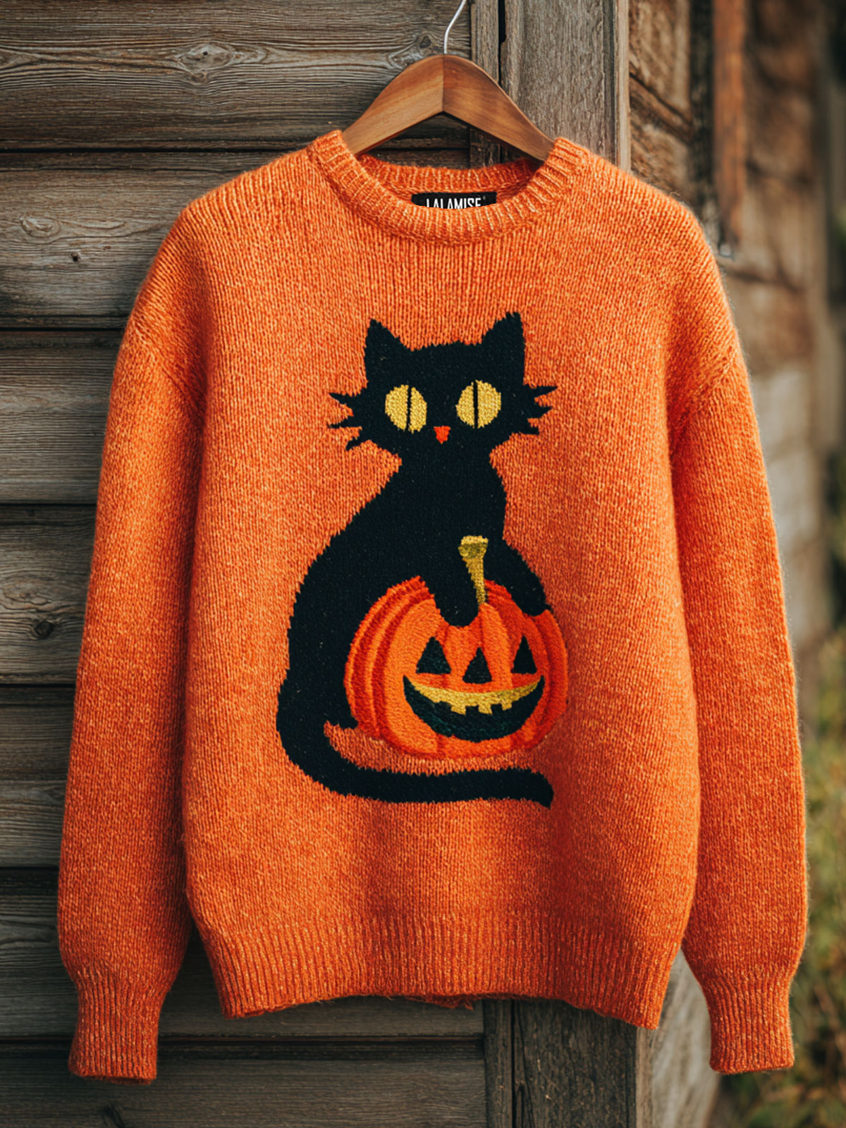 Halloween Balck Cat Pumkim Art Print Knit Pullover Sweater
