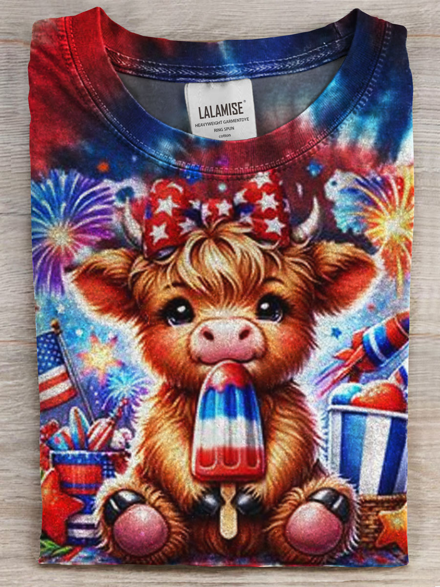 4th Of July Highland Cow Print Casual T-shirt