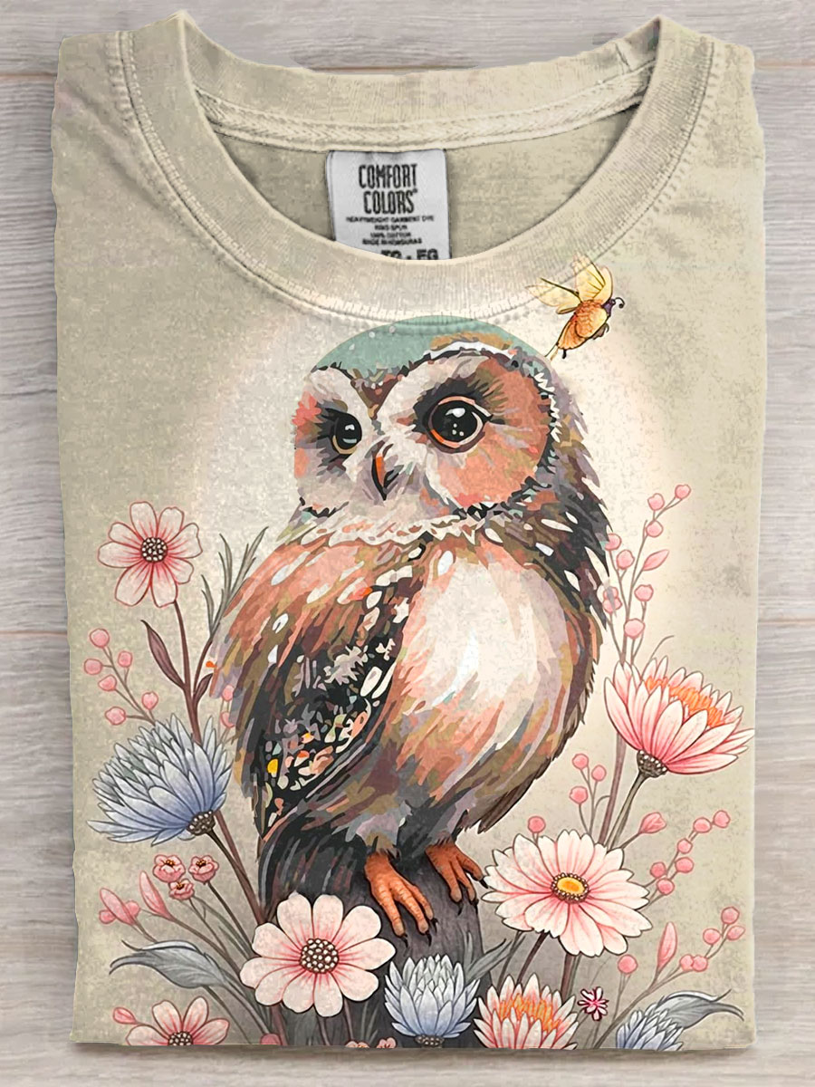 Cute Owl With Flower Art Print Casual Short Sleeve T-shirt