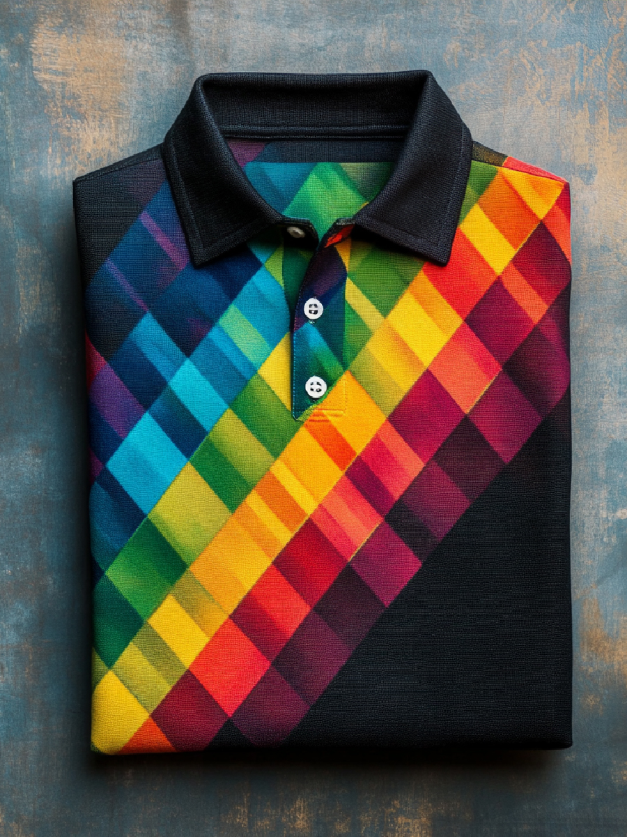 Rainbow Gradient Plaid Art Casual Short Sleeve Polo Shirt