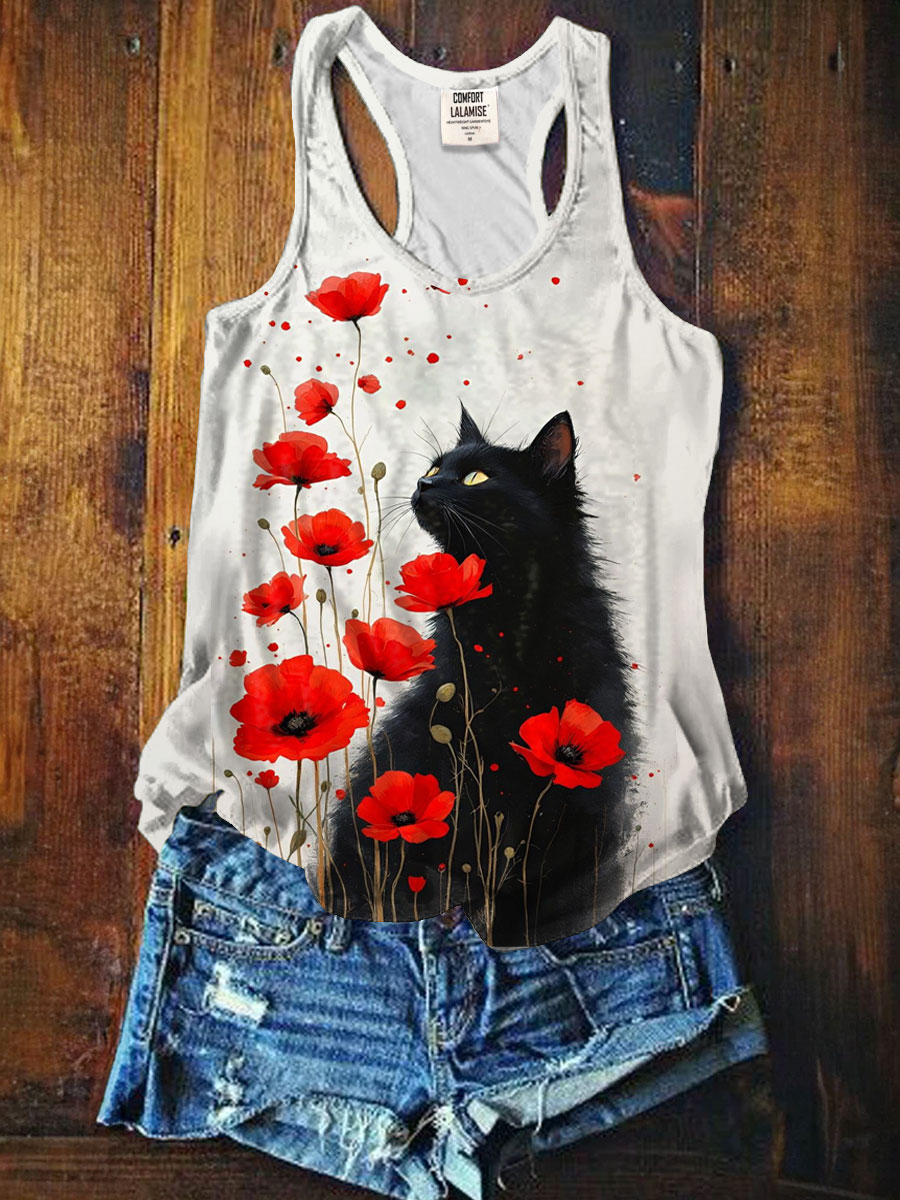 Black cat and poppy flowers Art Print Casaul Tank Top