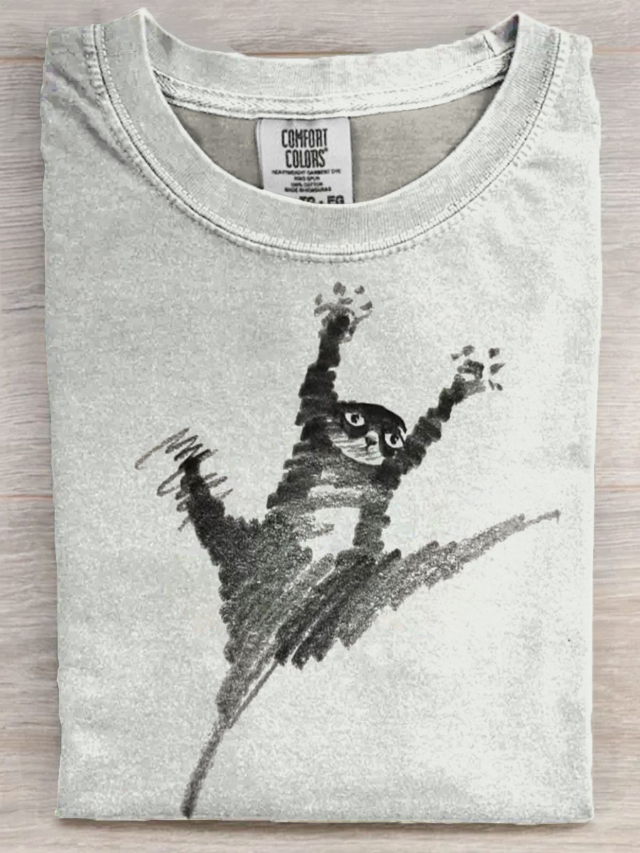 Funny Cat Sketch Art Print Casaul Short Sleeve T-shirt