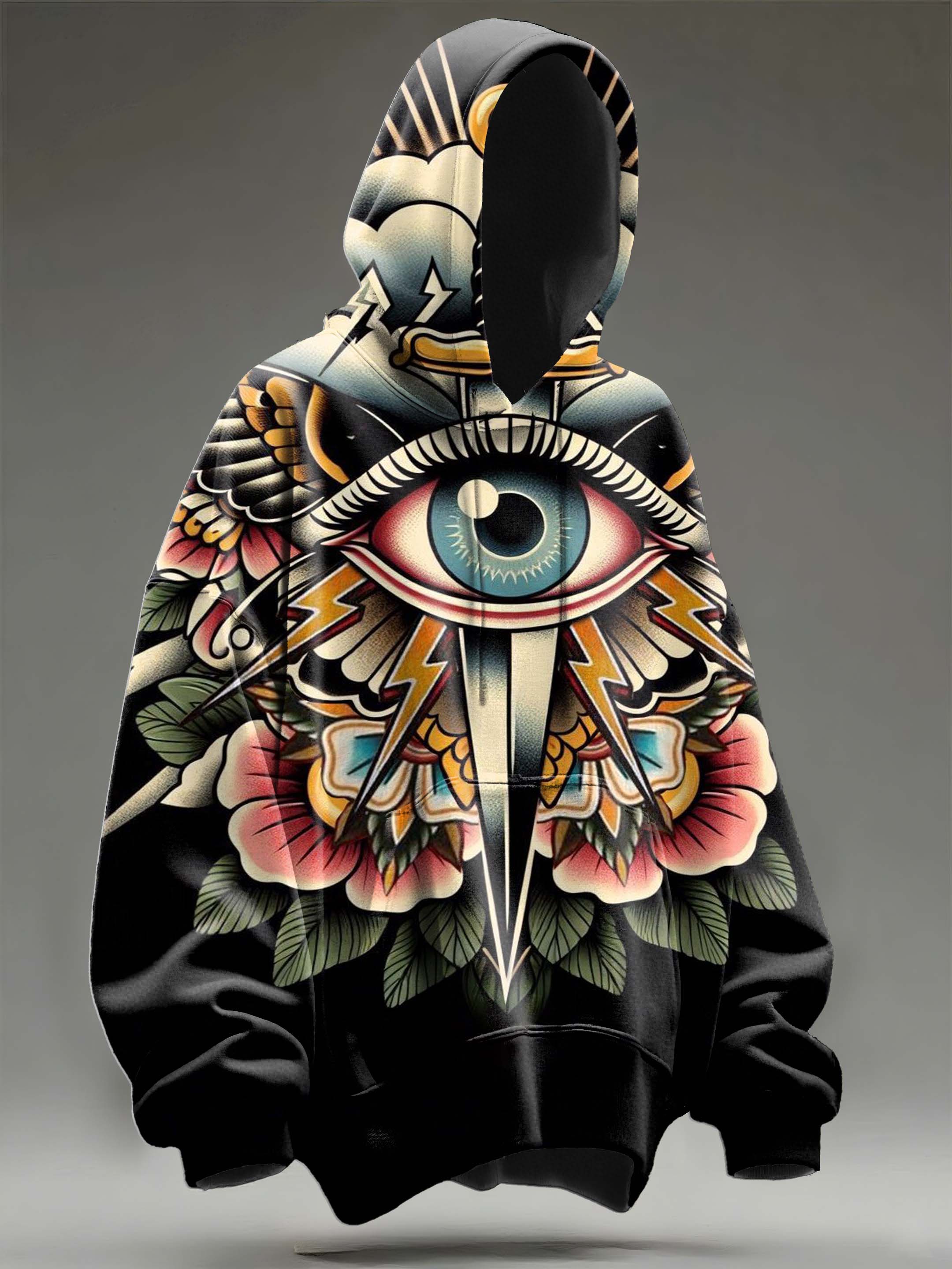 Flowers Butterfly Eyes Vintage Tattoo Art Print Casual Hooded Sweatshirt