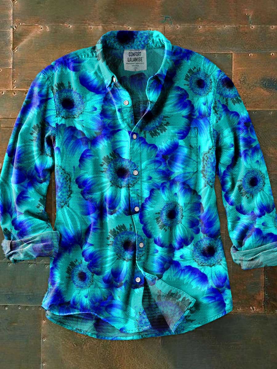 Blue Flower Art Print 100% Cotton Long Sleeve Shirt