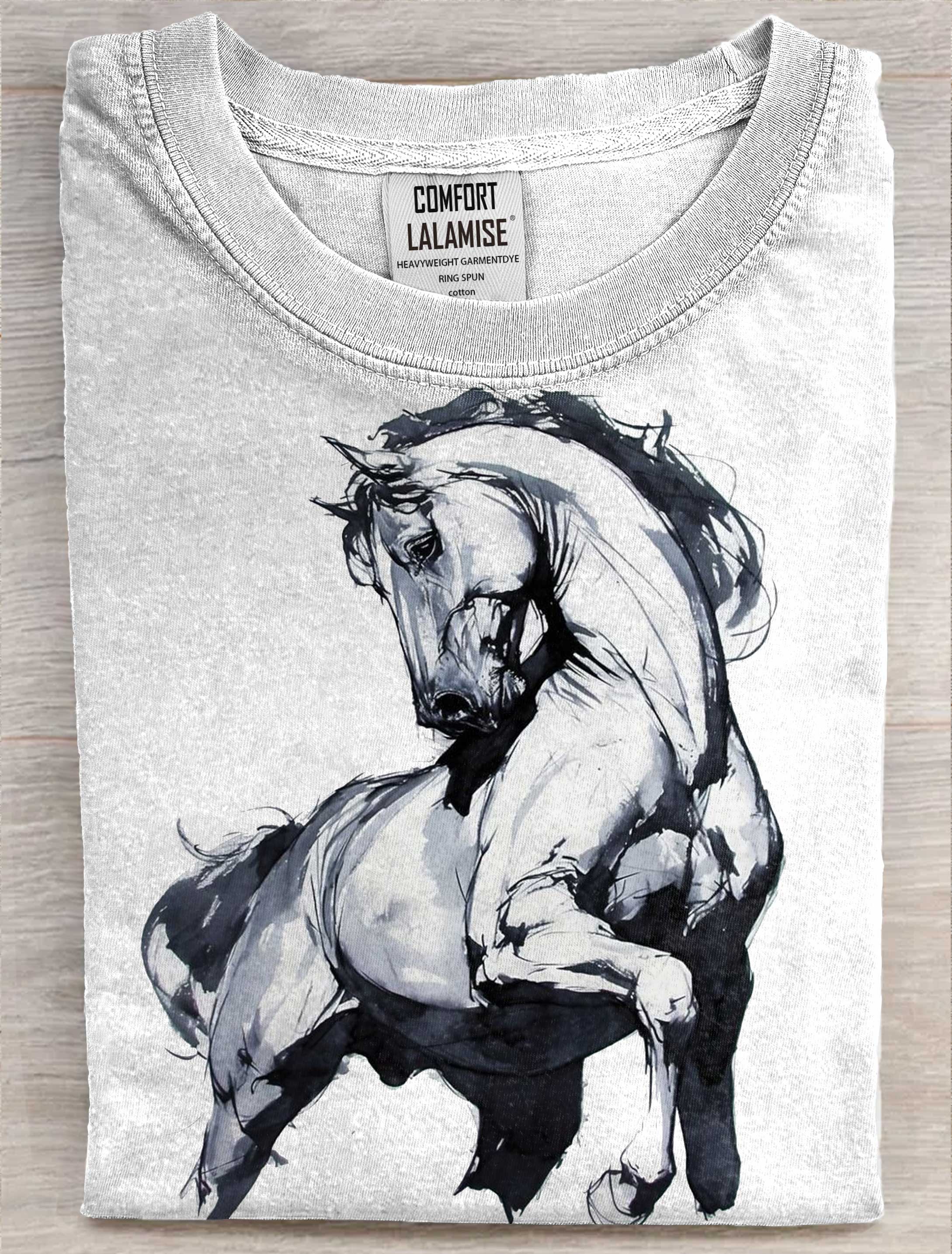 Horse Drawing Art Print Casual Short Sleeve T-shirt